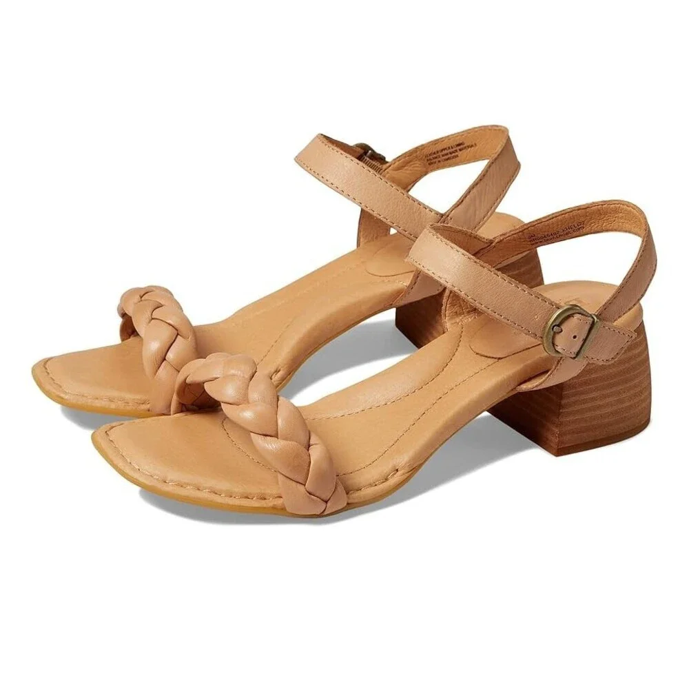 Born Simone Sandals Women's US 7 Tan Leather Braided Strap Block Heel RHS4696